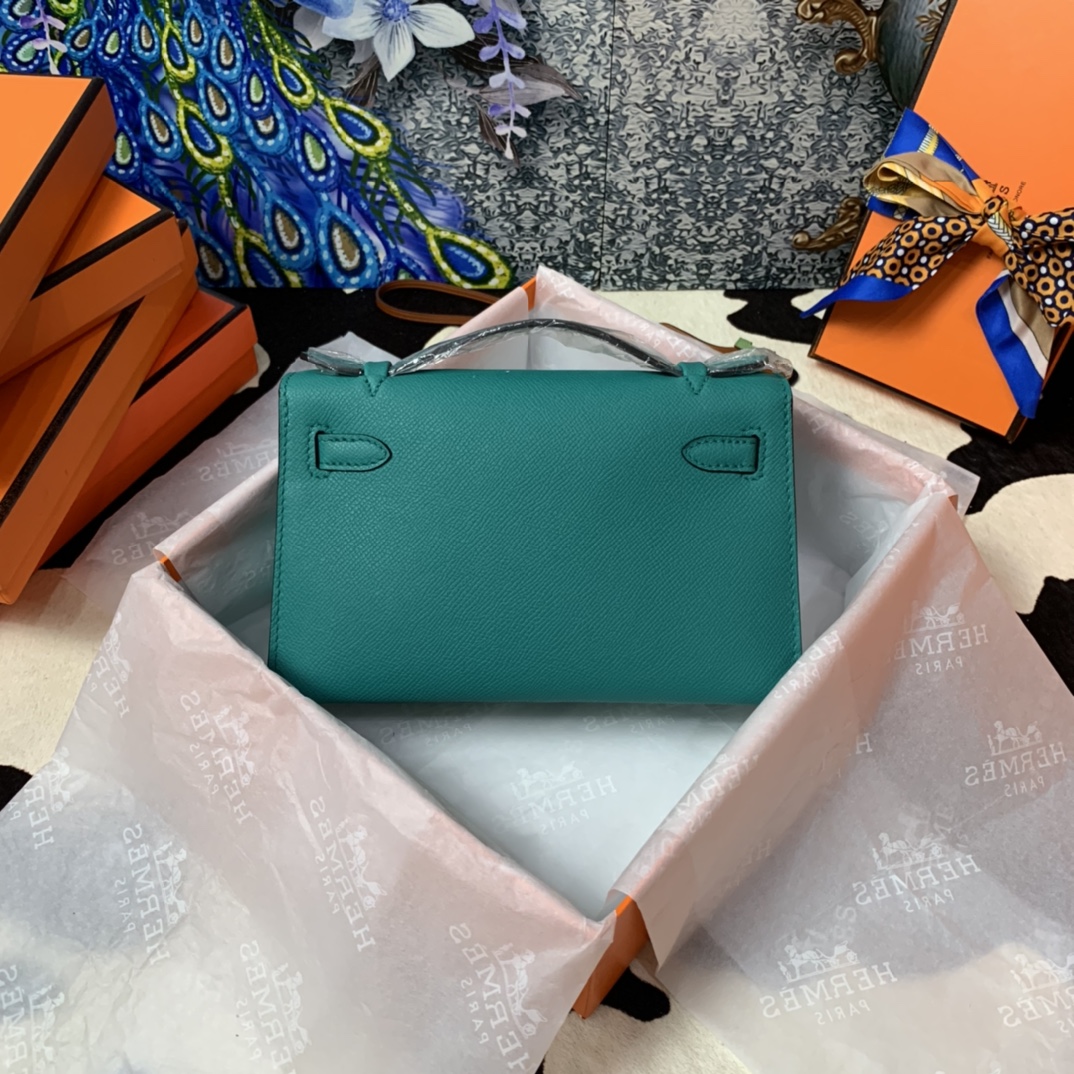 Hermes Mini Kelly Pochette 22cm Bag In Peacock Green Epsom Leather